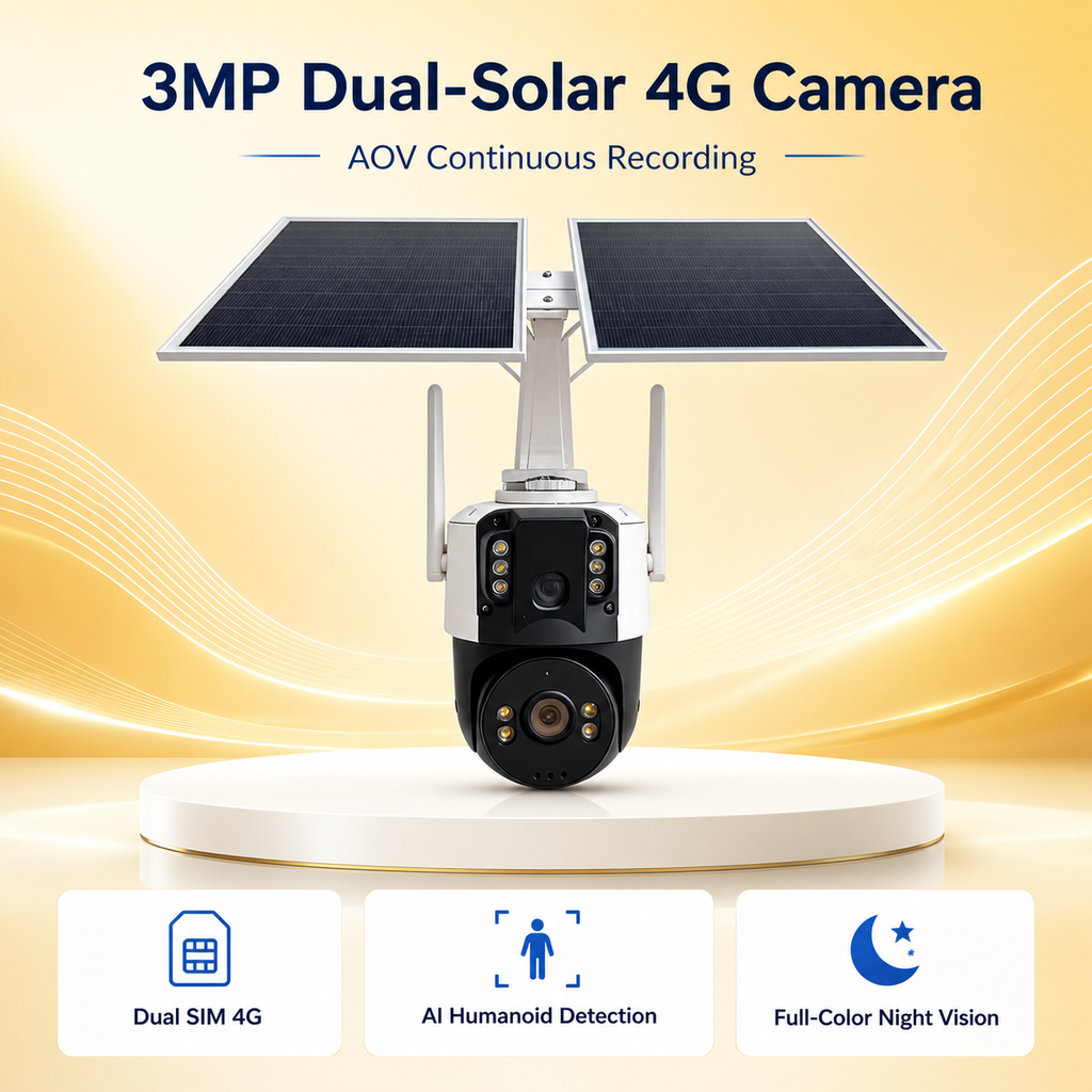 Dual-lens 3MP solar-powered 4G outdoor security camera with twin solar panels and antennas