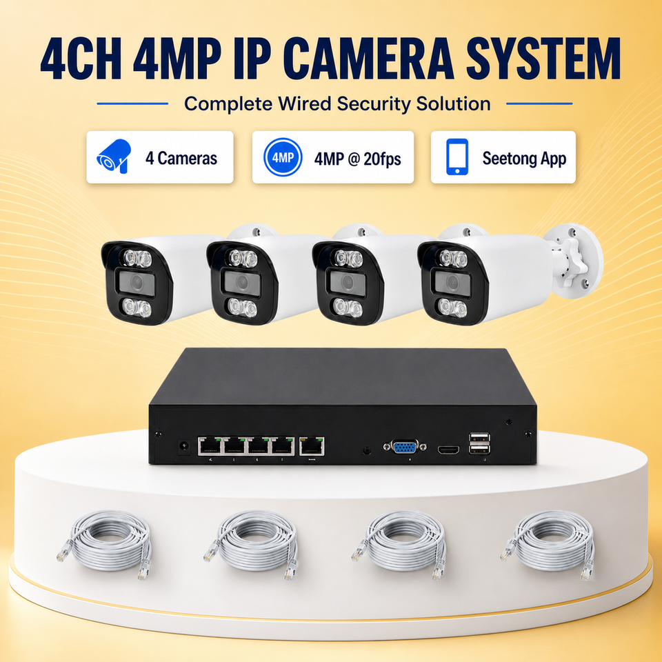 4CH wired IP camera system with four 4MP bullet cameras recorder and network cables