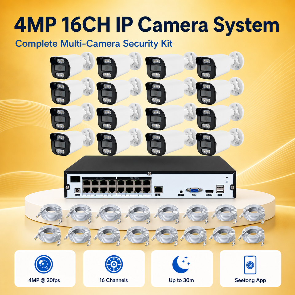 White metal 4MP 16-channel PoE bullet camera system with network video recorder and 20-meter cables