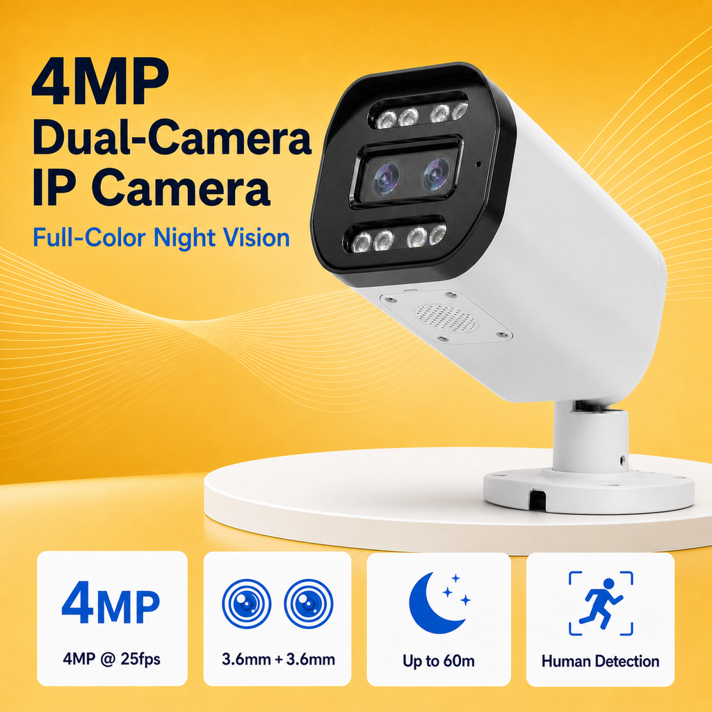 Dual-camera metal IP security camera displayed on a premium gold background
