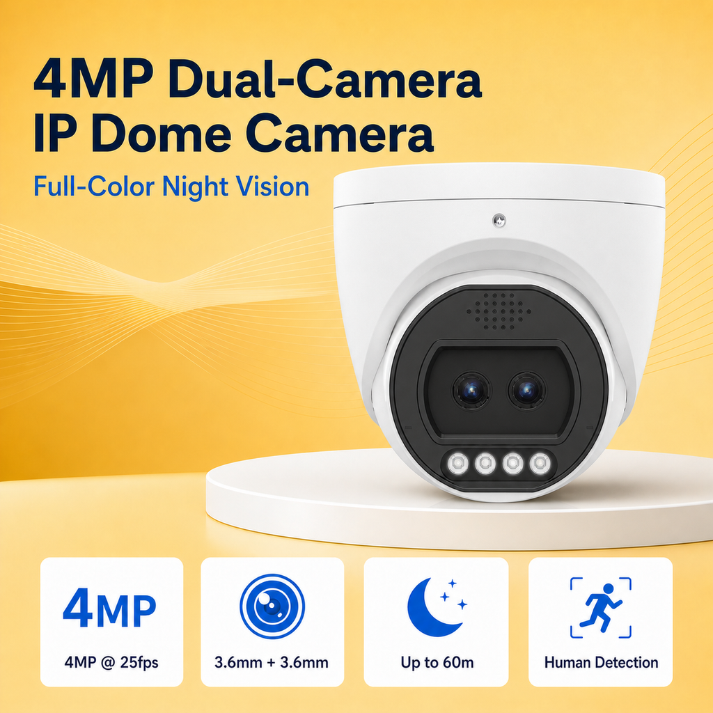 Dual-camera metal IP dome camera featured on a premium gold product background