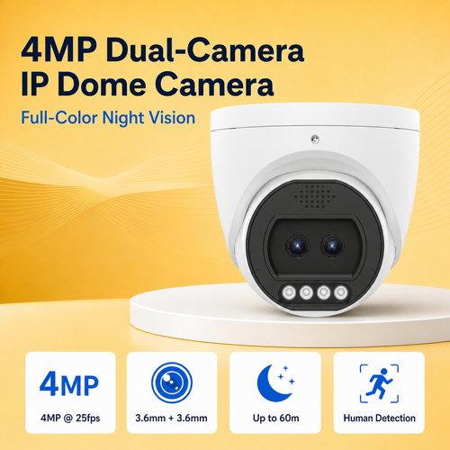 Dual-camera metal IP dome camera featured on a premium gold product background