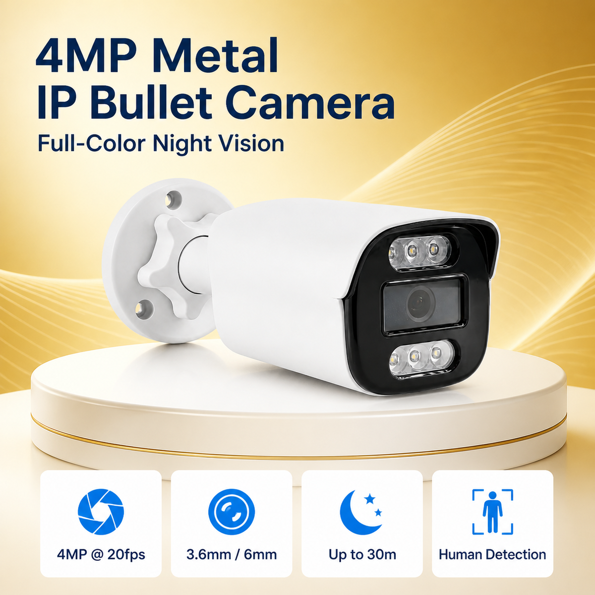 Metal IP bullet security camera displayed on a premium gold product background