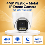 Plastic and metal 4MP IP dome security camera on a warm yellow product background