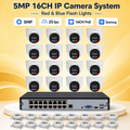 Complete 5MP 16-channel PoE dome camera system with red and blue flash lights