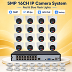 Complete 5MP 16-channel PoE dome camera system with red and blue flash lights