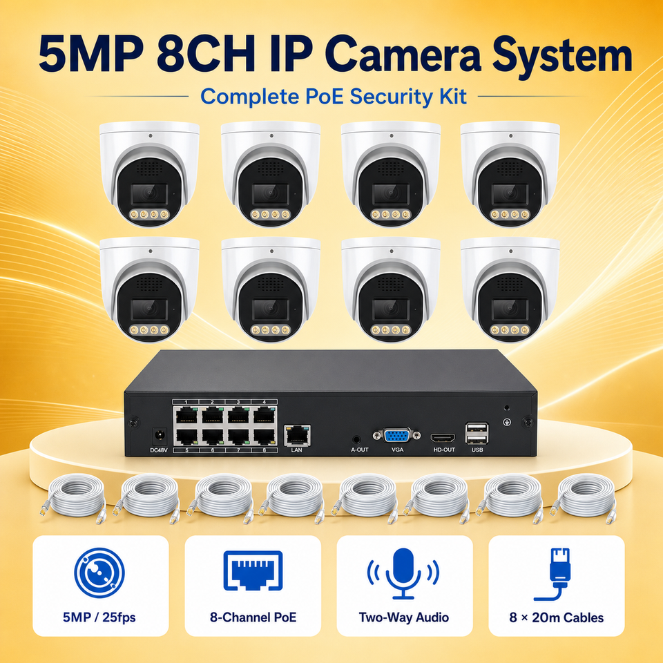 5MP 8CH PoE Security Camera System with Two-Way Audio & 12X Digital Zoom