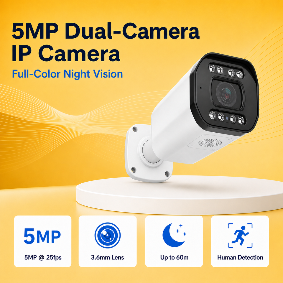 Dual-camera metal IP security camera displayed on a premium gold background