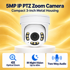 White 5MP IP PTZ zoom camera with 4X optical zoom, 60m IR night vision and two-way audio