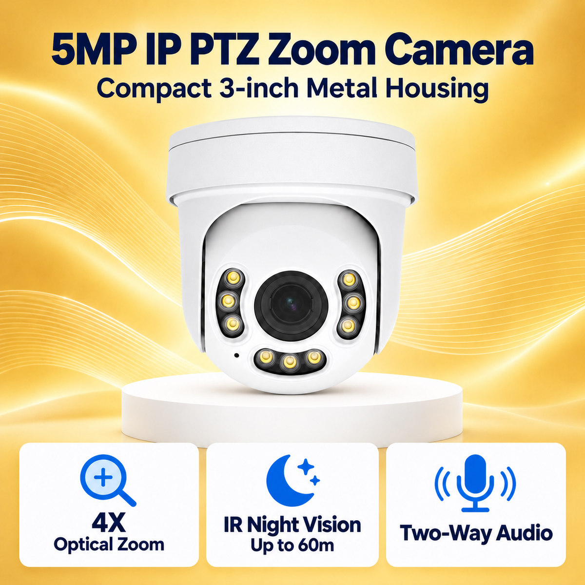 White 5MP IP PTZ zoom camera with 4X optical zoom, 60m IR night vision and two-way audio