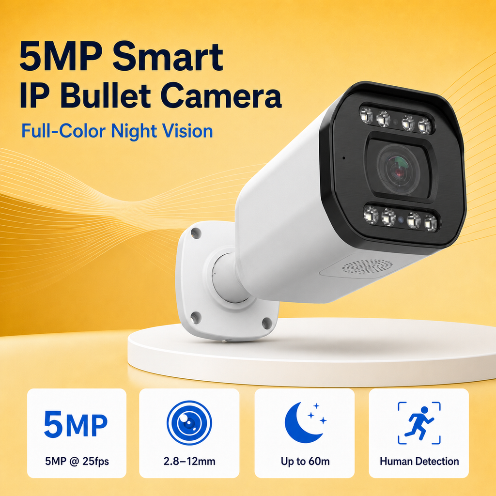 White 5MP smart IP bullet security camera on a premium gold background