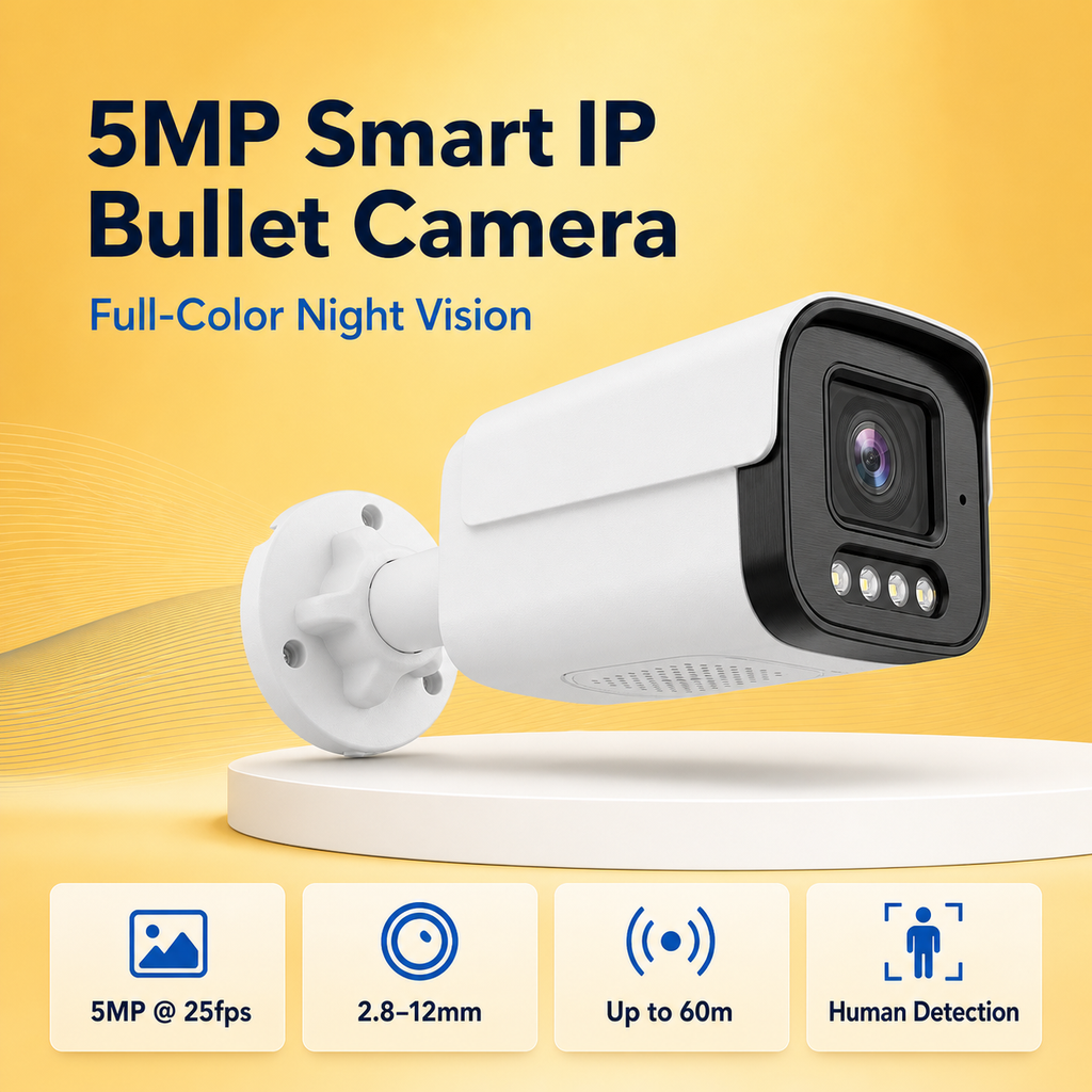 White metal 5MP IP bullet security camera on a premium gold background