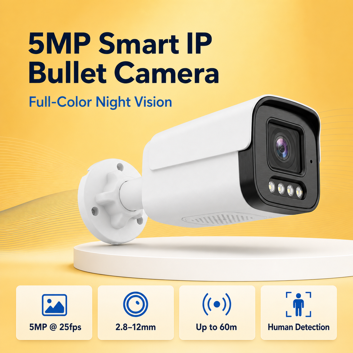 White metal 5MP IP bullet security camera on a premium gold background