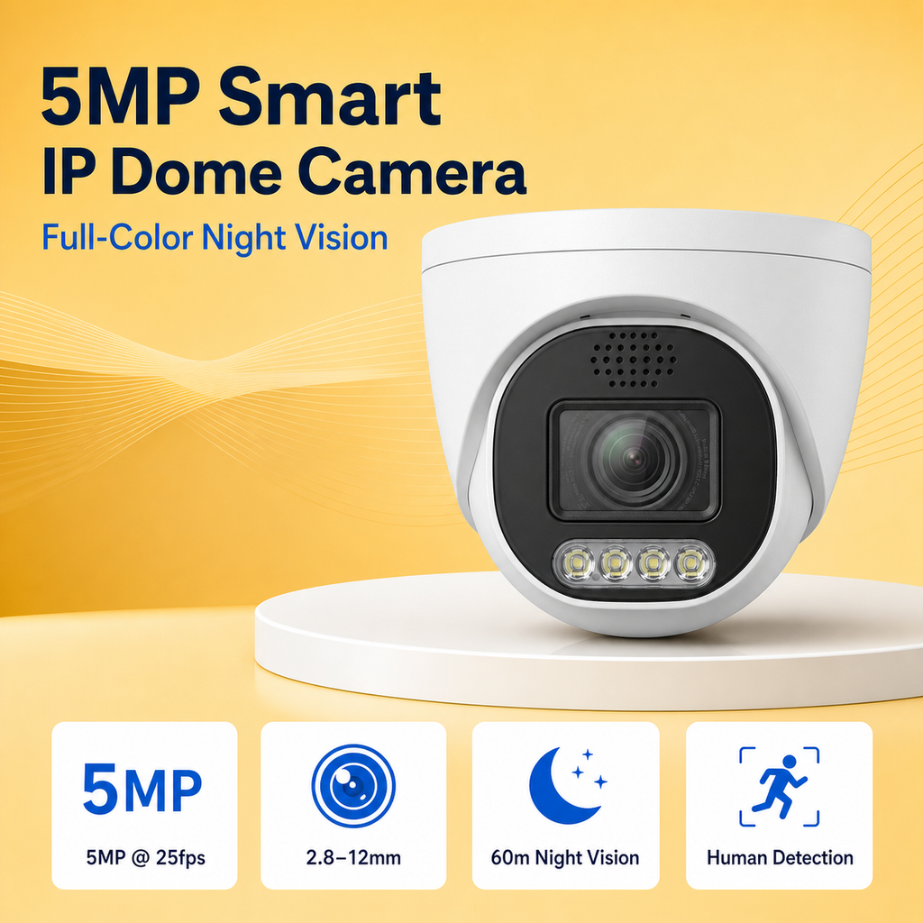 White 5MP smart IP dome security camera displayed on a premium gold background