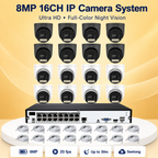 Complete 8MP 16-channel IP dome camera system with recorder and network cables