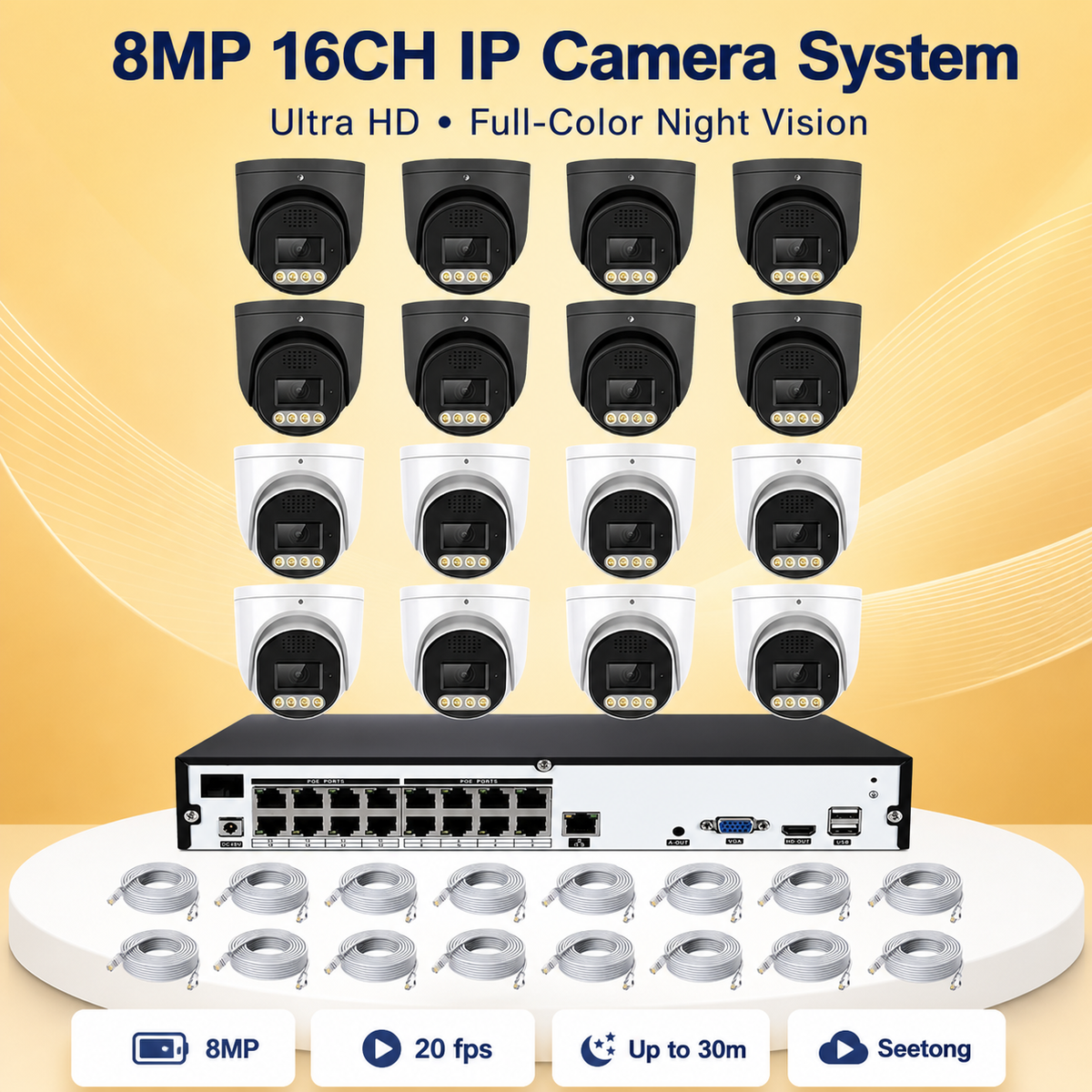 Complete 8MP 16-channel IP dome camera system with recorder and network cables