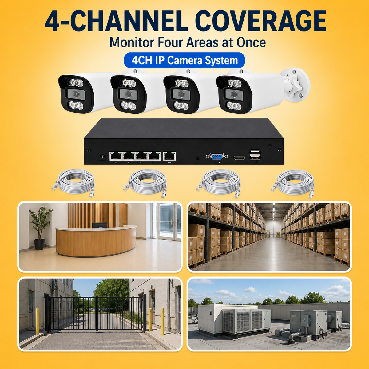 Four-channel IP camera system monitoring four commercial facility areas
