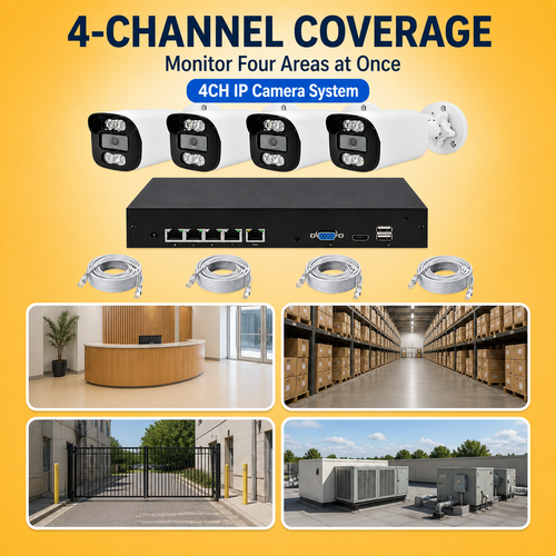 Four-channel IP camera system monitoring four commercial facility areas