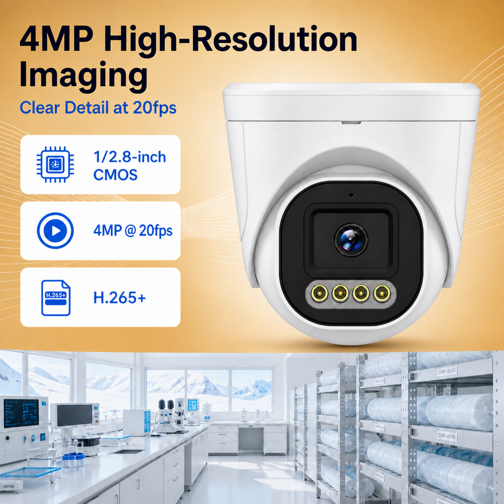 4MP CMOS imaging and H.265+ compression feature panel for an IP dome camera