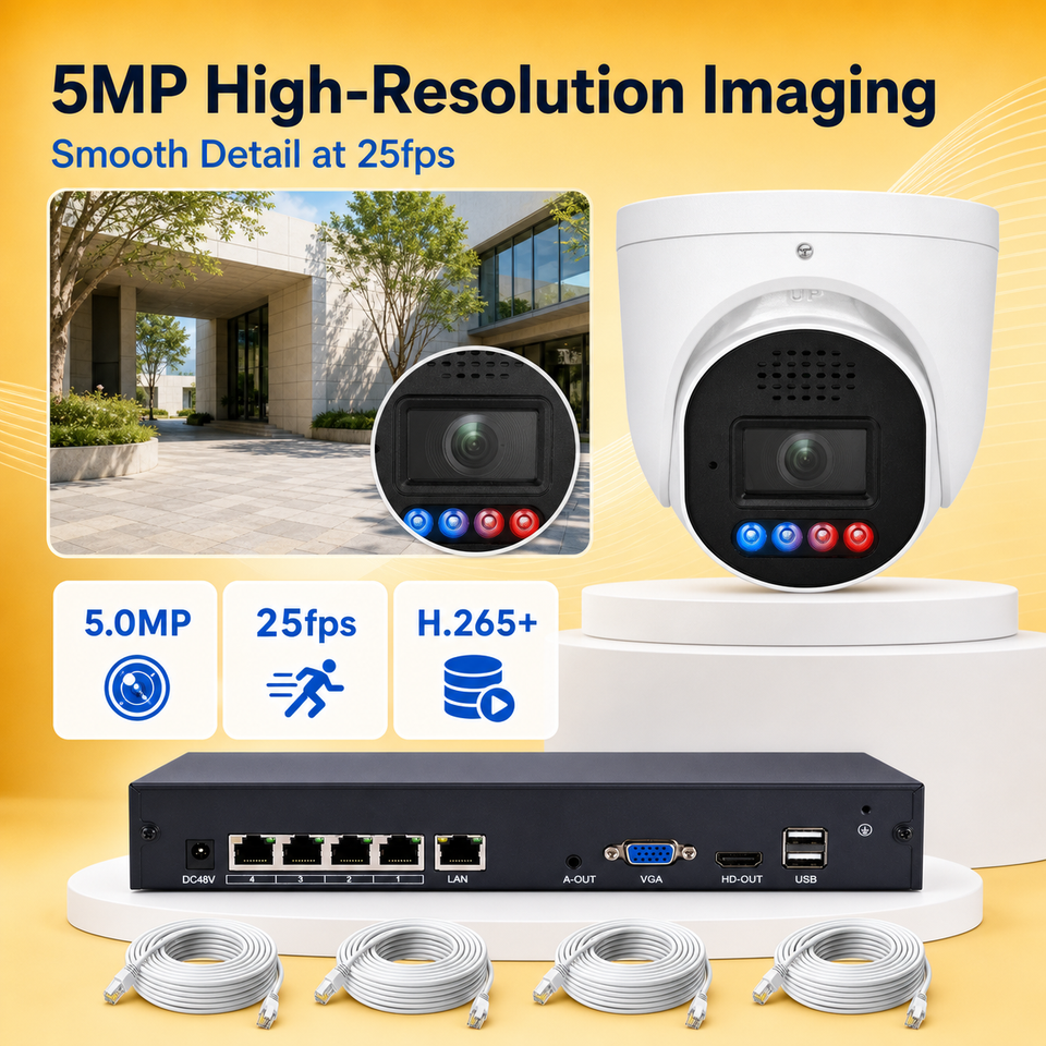 5MP security camera imaging panel showing smooth 25fps video and H.265 plus compression