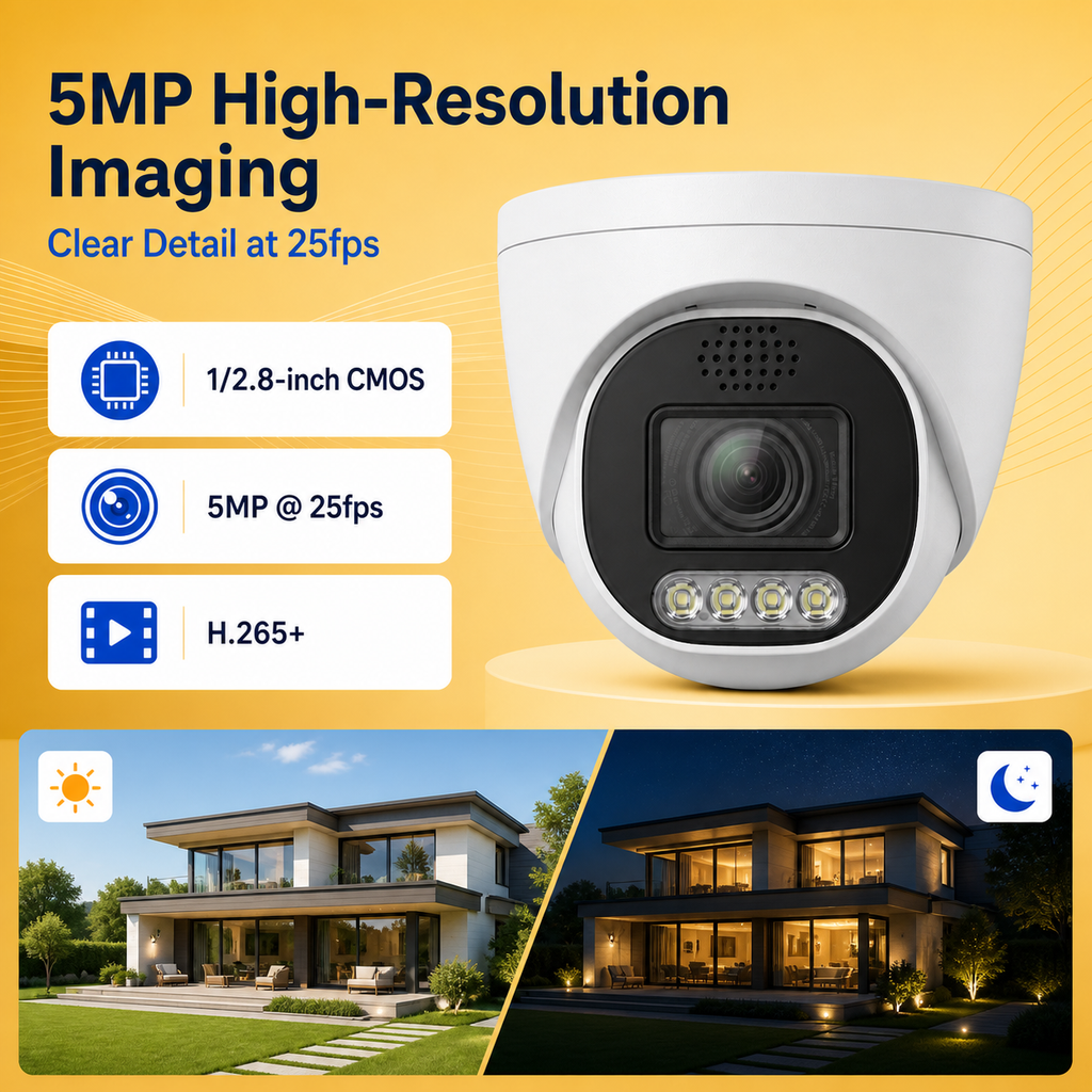 Security camera feature graphic highlighting a 5MP CMOS sensor and H.265+ compression