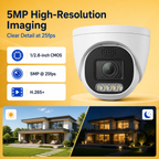 Security camera feature graphic highlighting a 5MP CMOS sensor and H.265+ compression