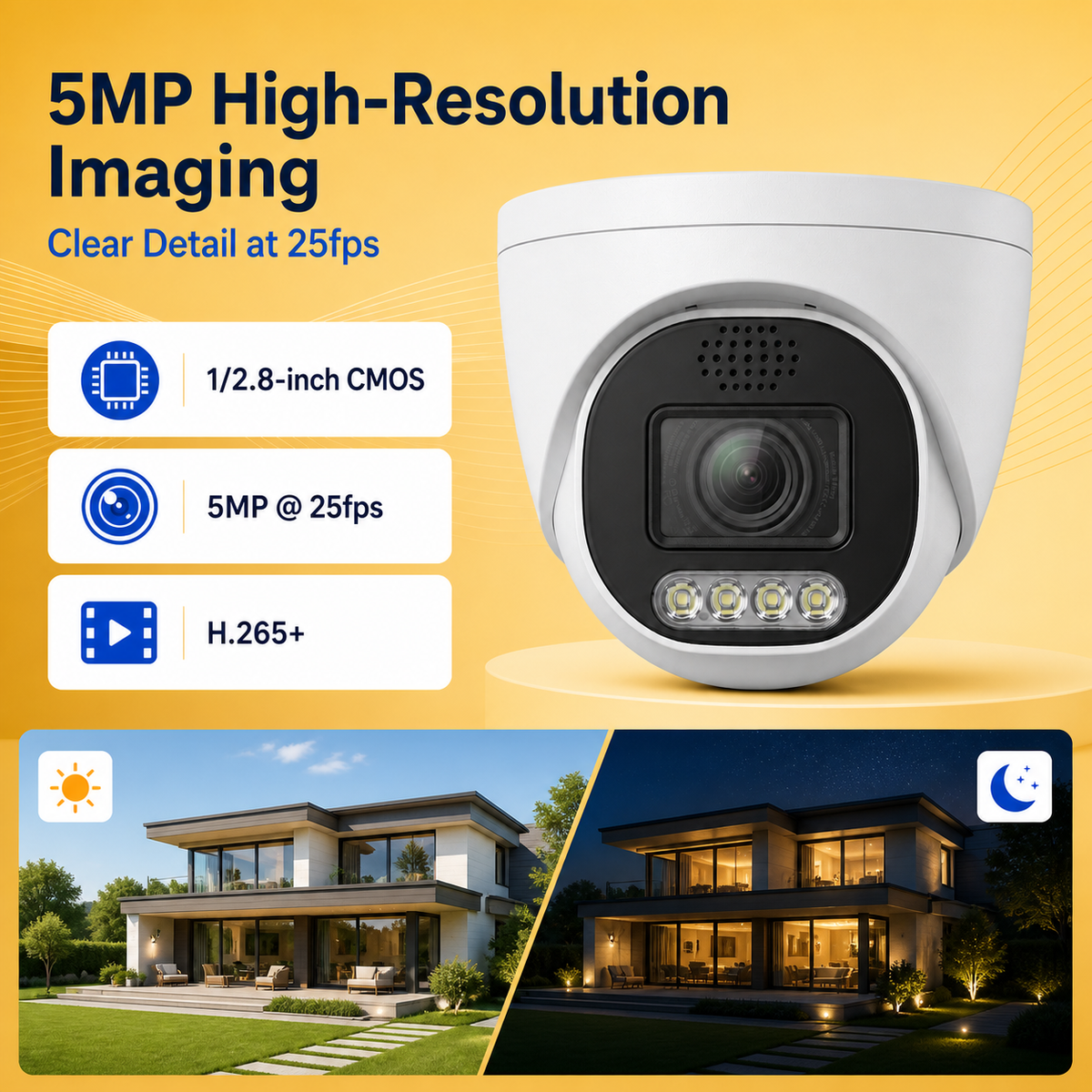 Security camera feature graphic highlighting a 5MP CMOS sensor and H.265+ compression