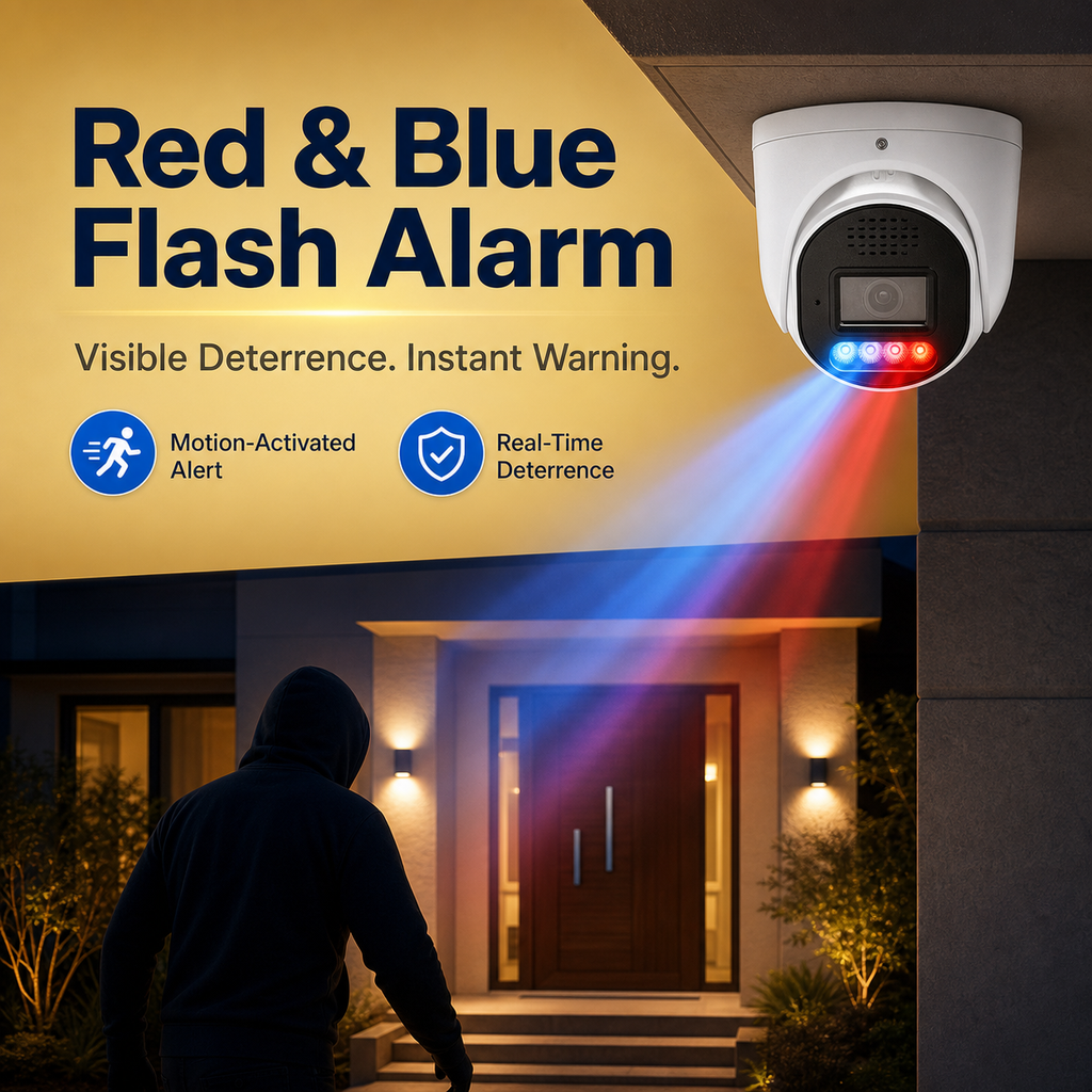 YGH 5MP PoE IP dome camera red and blue flash alarm deterring an intruder at night
