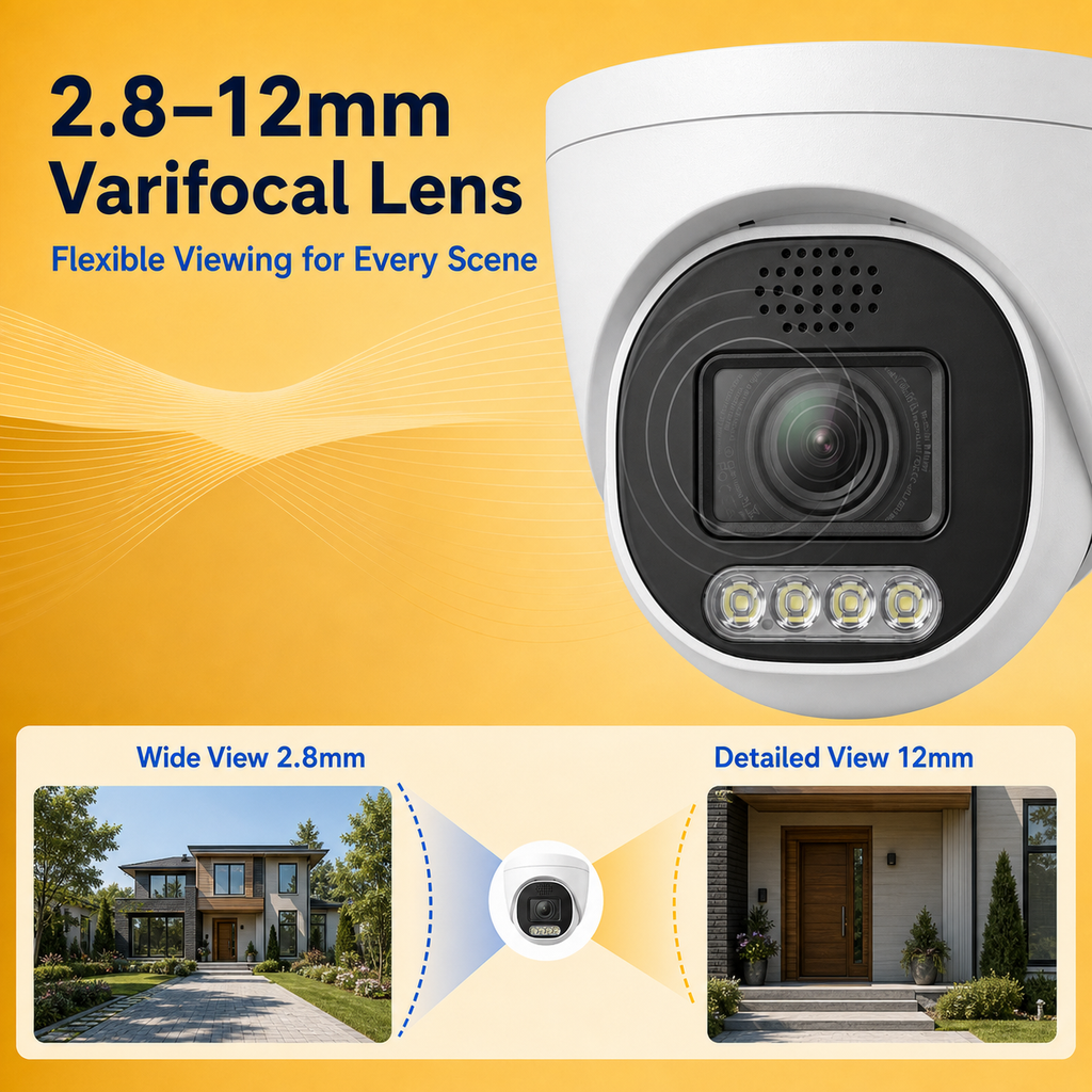 IP dome surveillance camera with a 2.8–12mm varifocal lens and adjustable 5X zoom