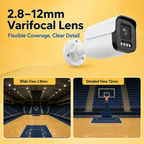 Varifocal bullet camera lens with an adjustable 2.8–12mm viewing range