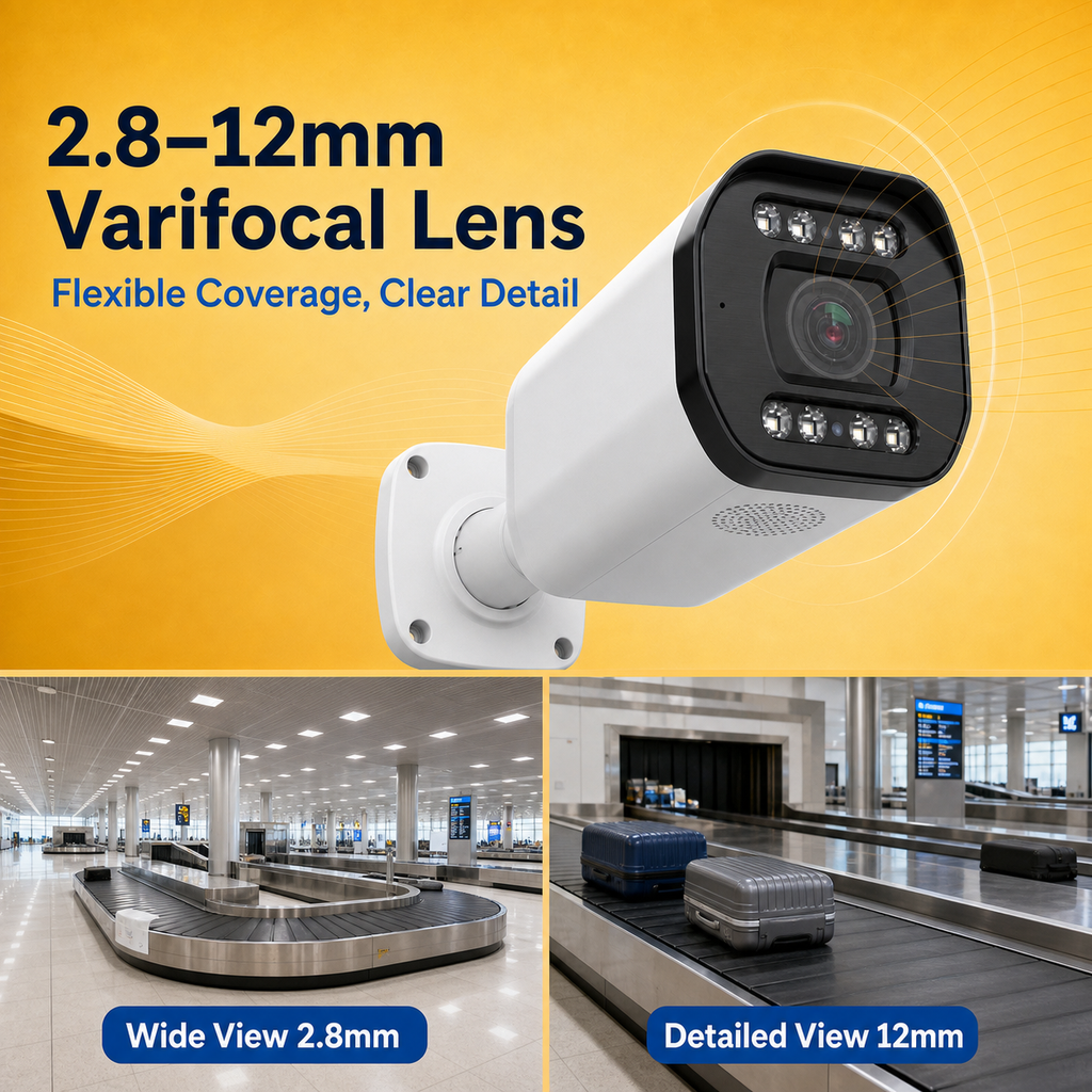 Varifocal bullet camera lens with adjustable 2.8–12mm viewing range