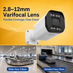 Varifocal bullet camera lens with adjustable 2.8–12mm viewing range