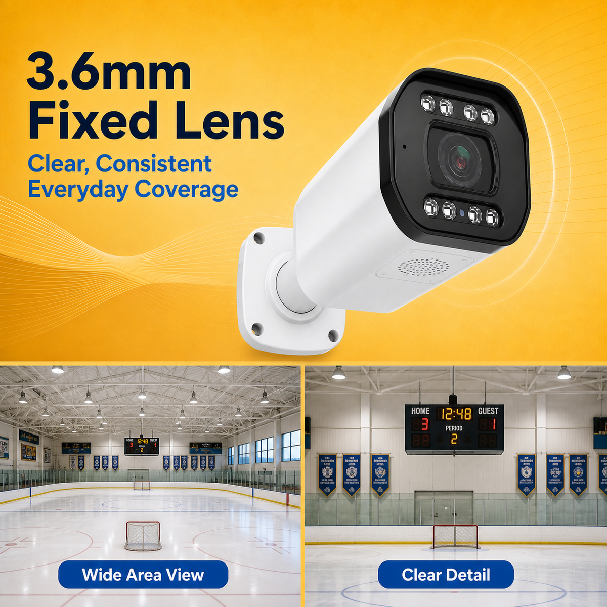 Security camera with a 3.6mm fixed lens covering a monitored outdoor area