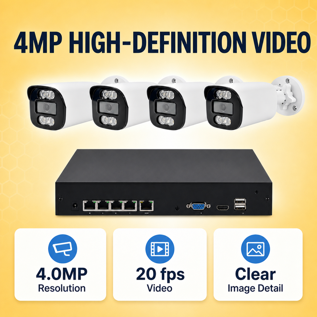 Four 4MP IP bullet cameras and recorder supporting 20fps video