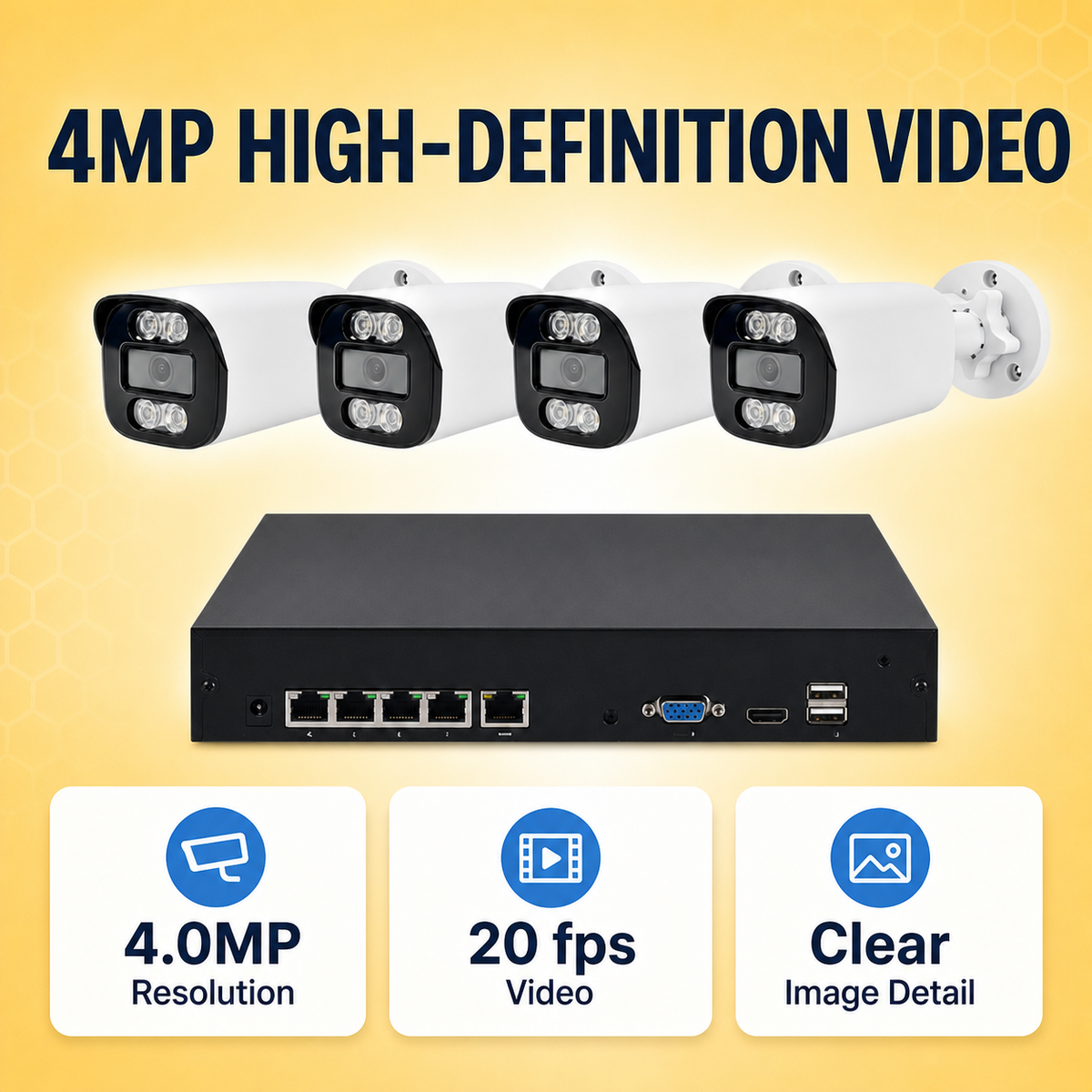 Four 4MP IP bullet cameras and recorder supporting 20fps video