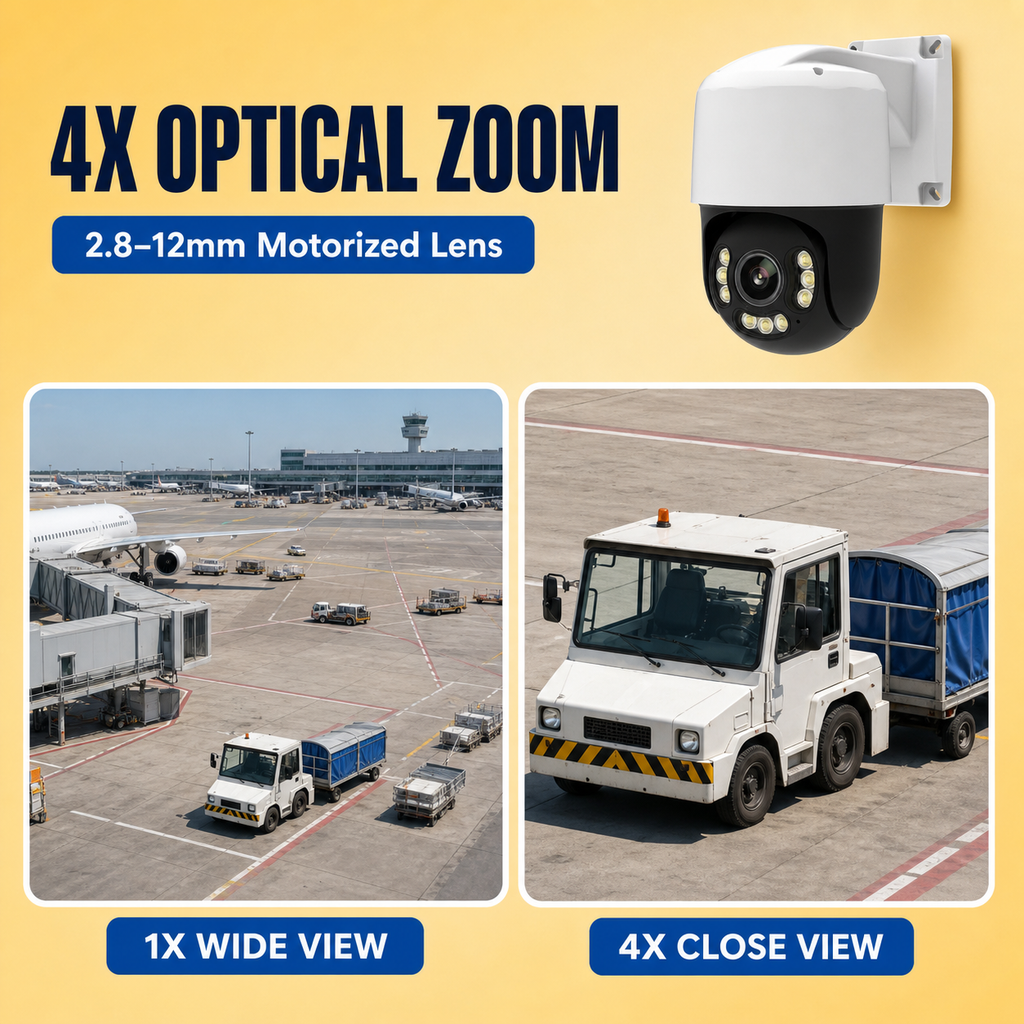 IP PTZ camera showing 1X wide view and 4X optical zoom at an airport apron