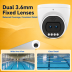 Dual 3.6mm fixed lenses delivering dependable coverage across monitored spaces