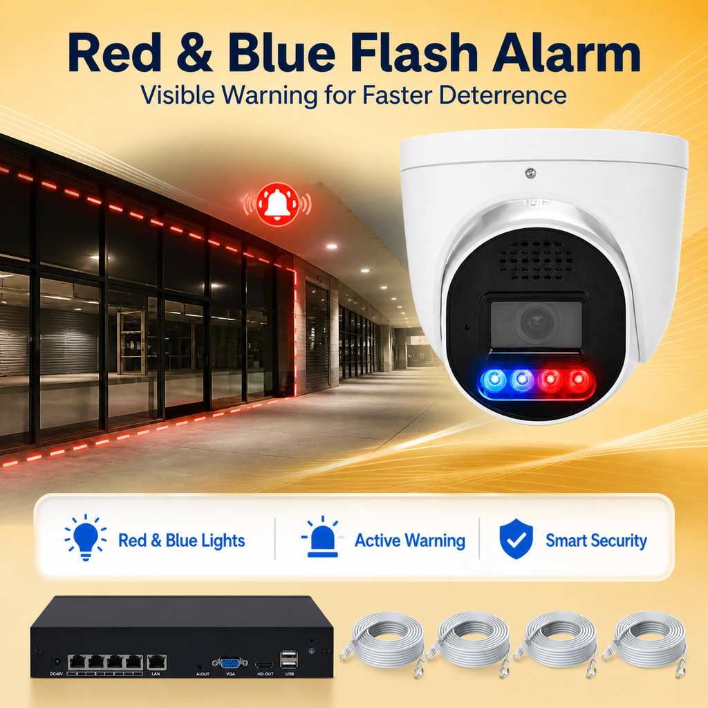 Dome security camera with red and blue flash lights for visible alarm deterrence