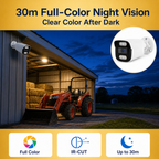 Full-color night surveillance providing clear visibility at distances up to 30 meters