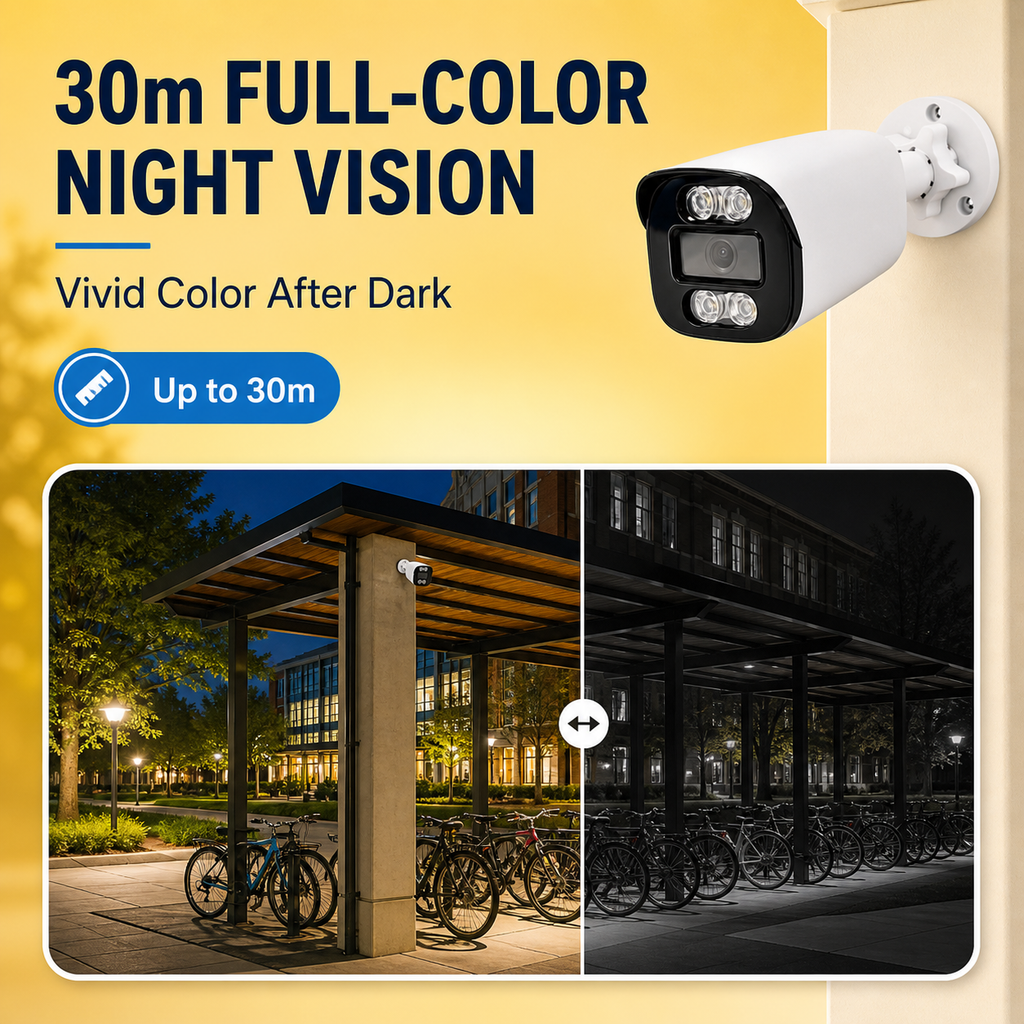 IP bullet camera showing full-color night vision up to 30m at a bicycle shelter