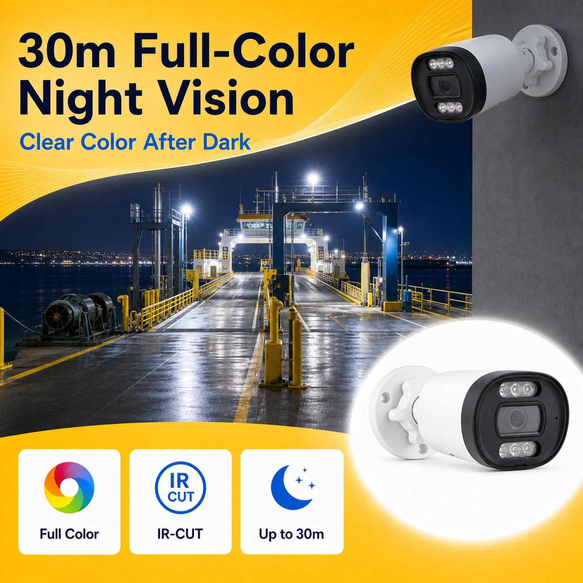 Full-color night monitoring delivering clear visibility at distances up to 30 meters