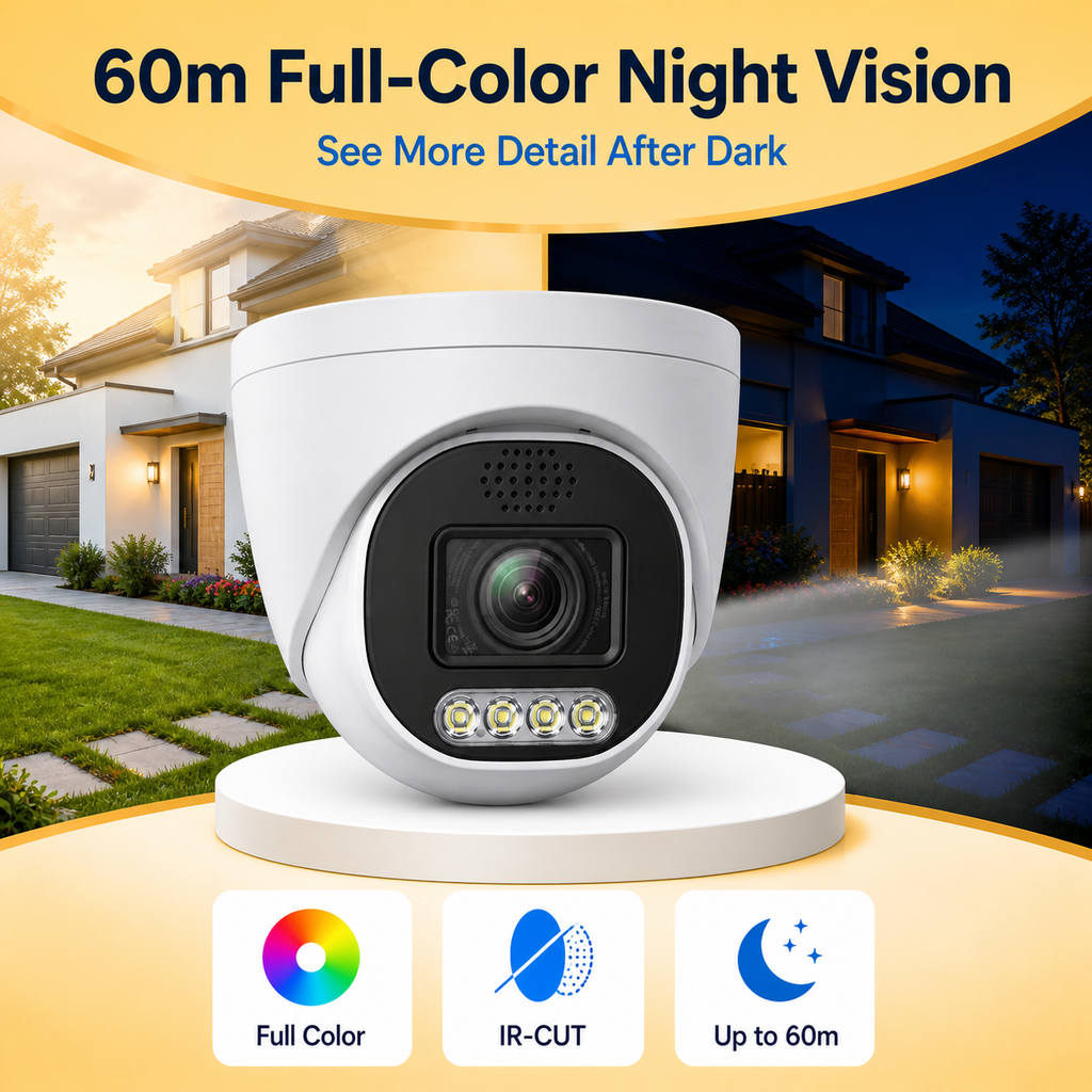 Full-color night surveillance scene demonstrating clear monitoring at distances up to 60m