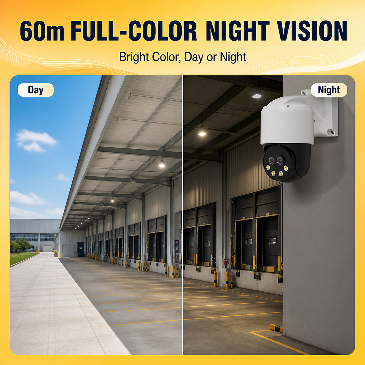IP PTZ camera showing day and 60m full-color night monitoring at a loading dock