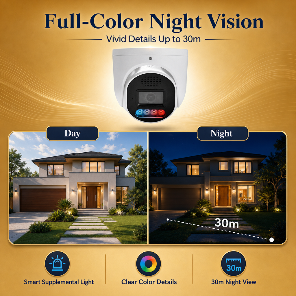 YGH 5MP PoE IP dome camera full-color night vision comparison with clear details up to 30 meters