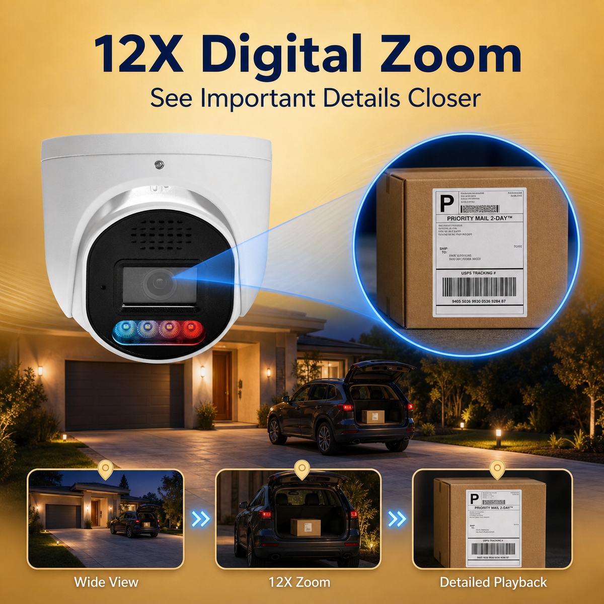 YGH 5MP PoE IP dome camera demonstrating 12X digital zoom for detailed security footage