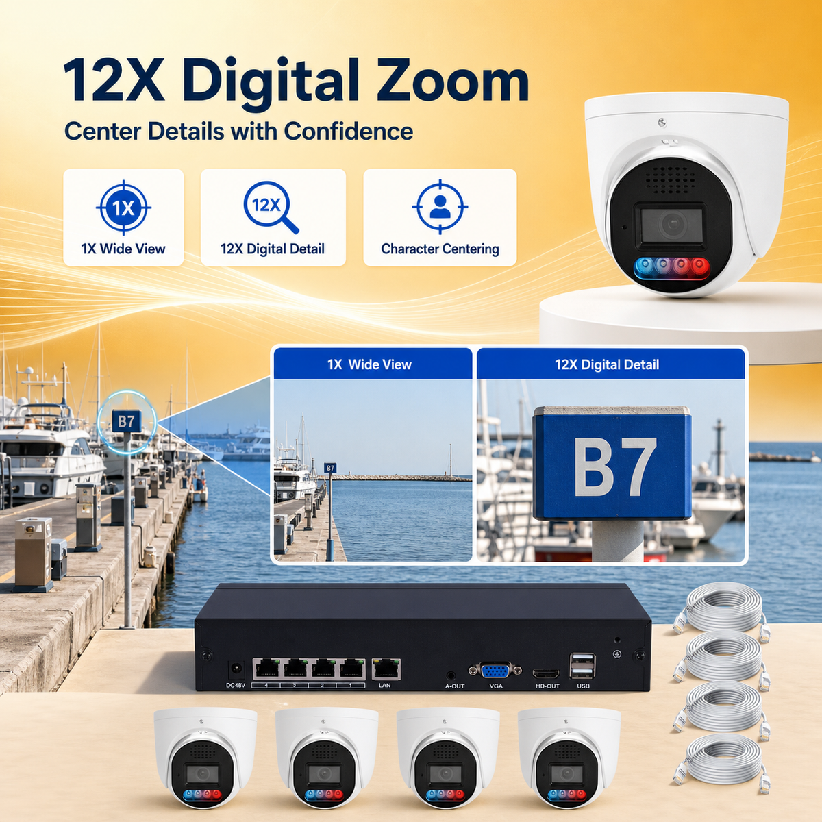 12X digital zoom security view centered on a marina berth marker