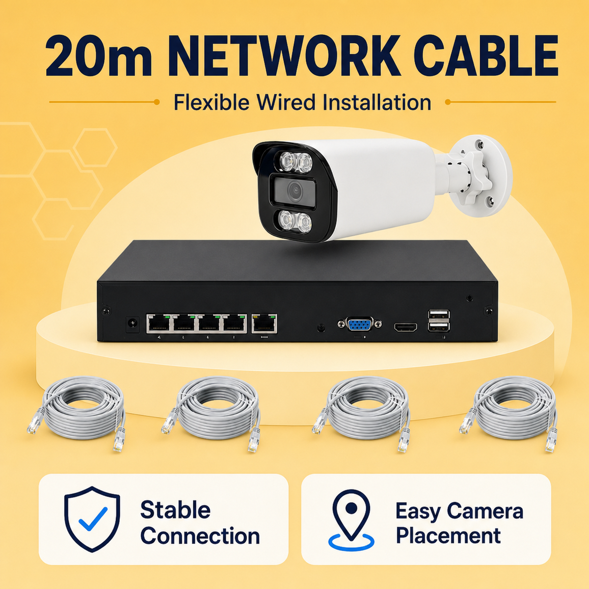 Wired IP camera system with 20m network cable for flexible installation
