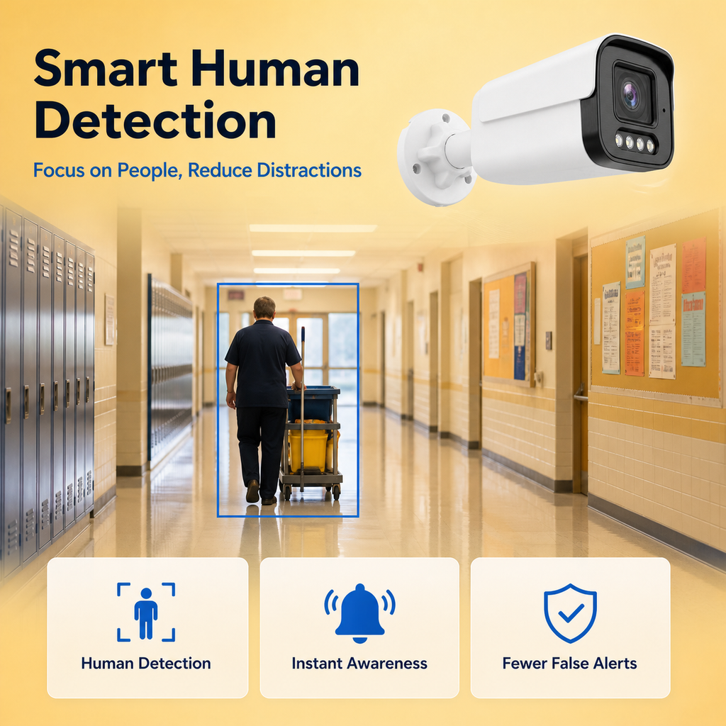 Smart human detection identifying a person in a monitored outdoor area