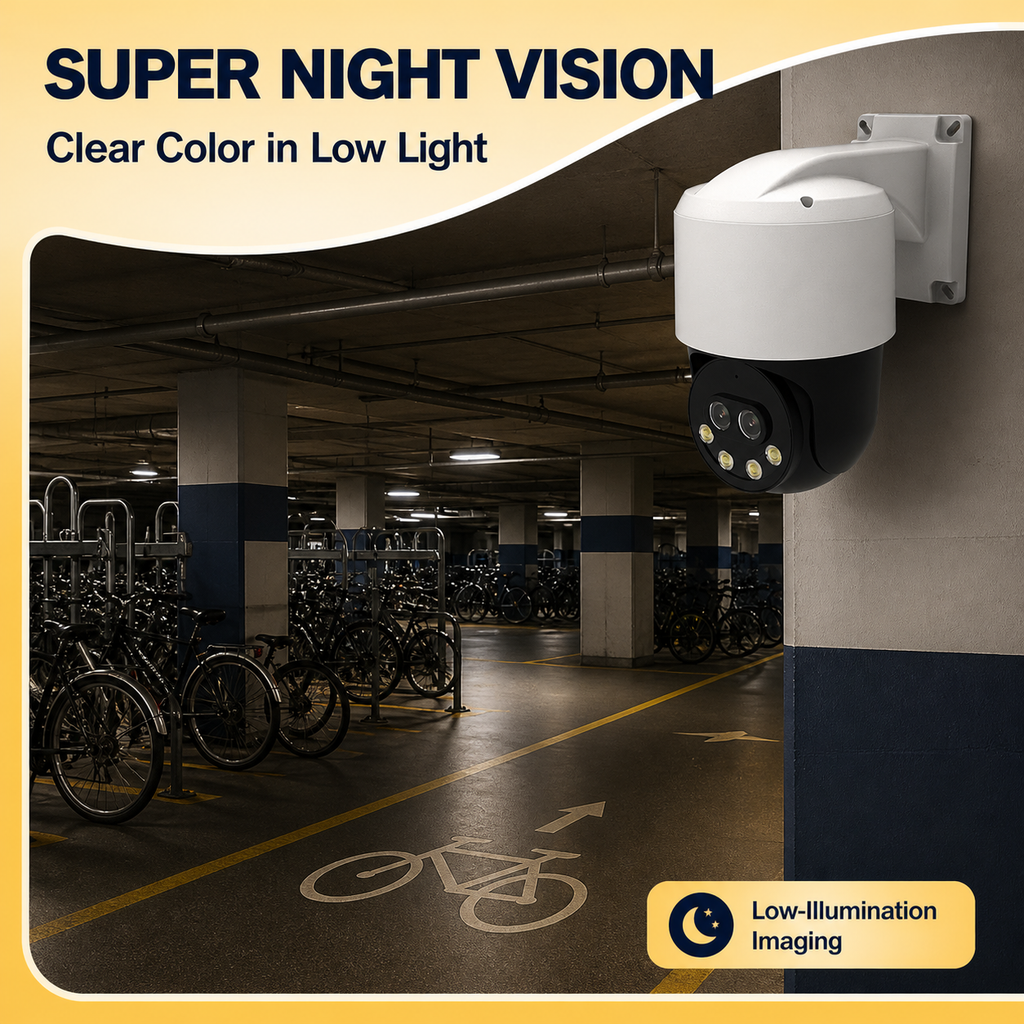 IP PTZ camera providing clear color imaging in a low-light bicycle parking area