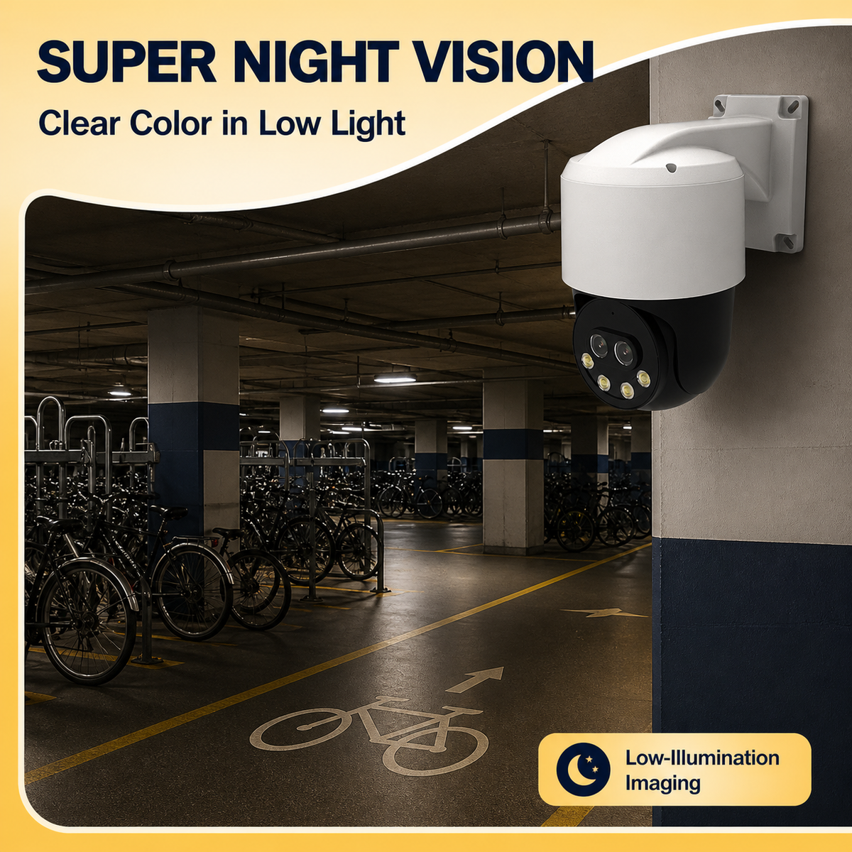 IP PTZ camera providing clear color imaging in a low-light bicycle parking area